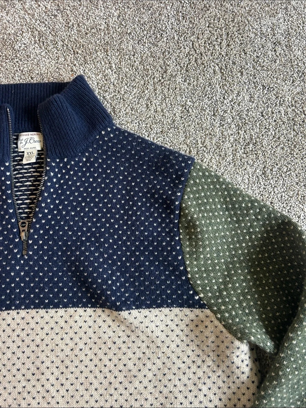 J. Crew Men’s XxL rugged Merino wool blend.